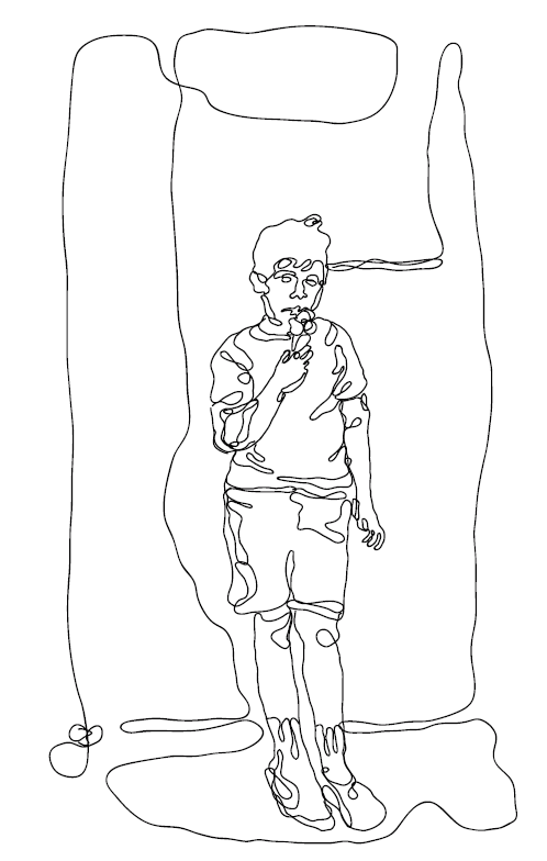 A drawing of someone leaning against a wall, wearing shorts and eating ice cream.