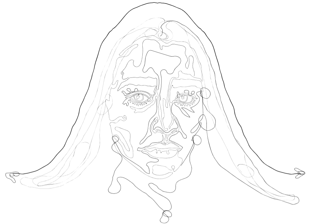 A drawing of a woman, the outline of her hair resembles the density of the normal distribution.