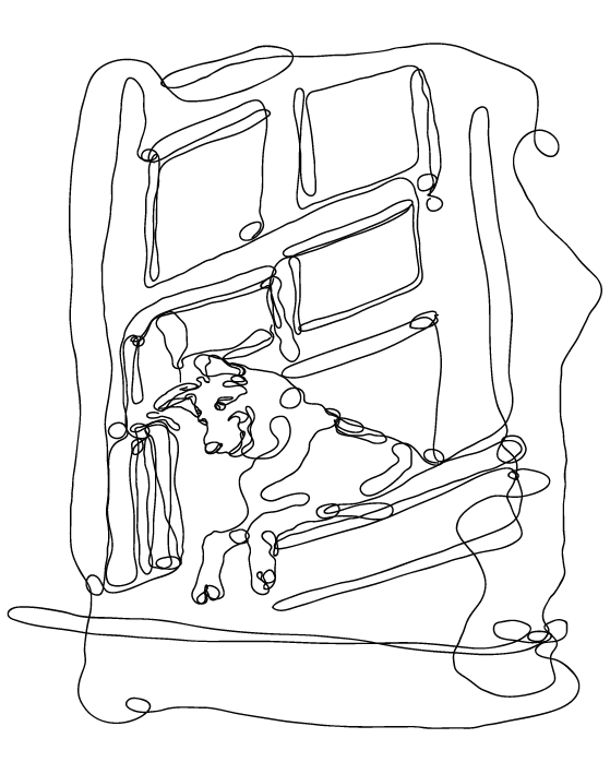 A drawing of a dog climbing out of a window.