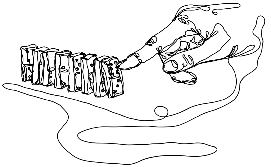 A drawing of someone pushing over the first of a row of dominoes.