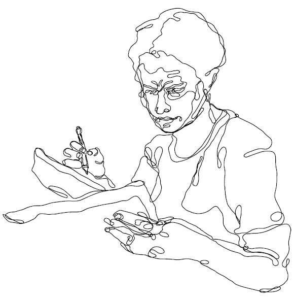 A drawing of someone concentrating on writing something.