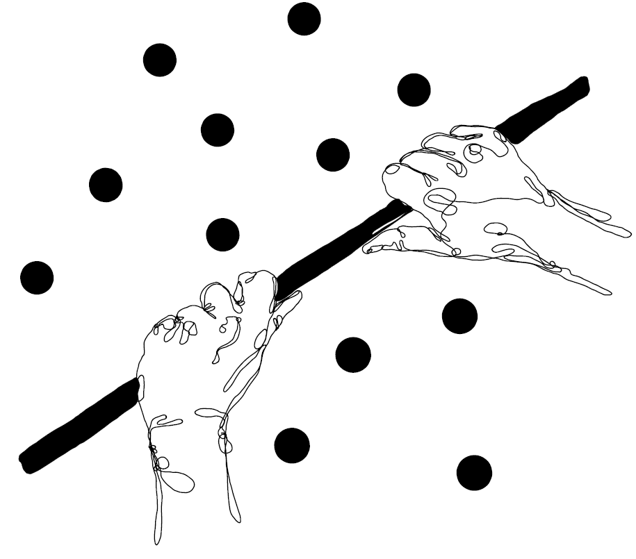 A drawing of a scatterplot with someone affixing a regression line on top of it.