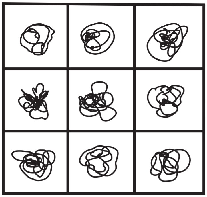 A drawing of nine slightly different blobs.