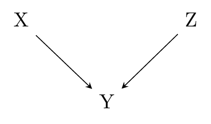 A causal diagram in which both X and Z cause Y.