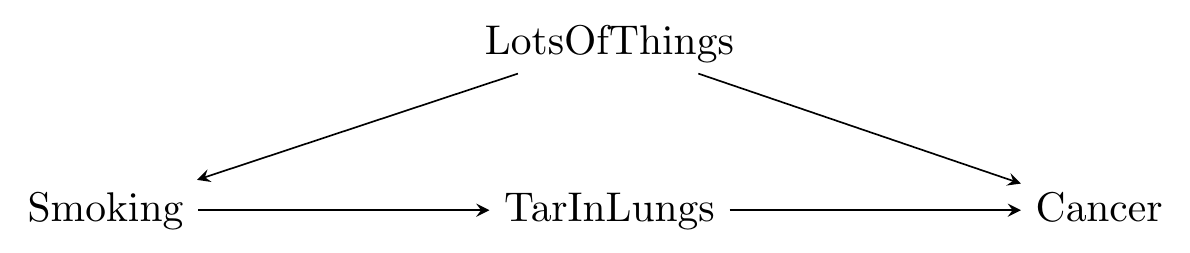 A causal diagram in which Lots of Things causes Smoking and Cancer, and Smoking causes Tar in Lungs causes Cancer.